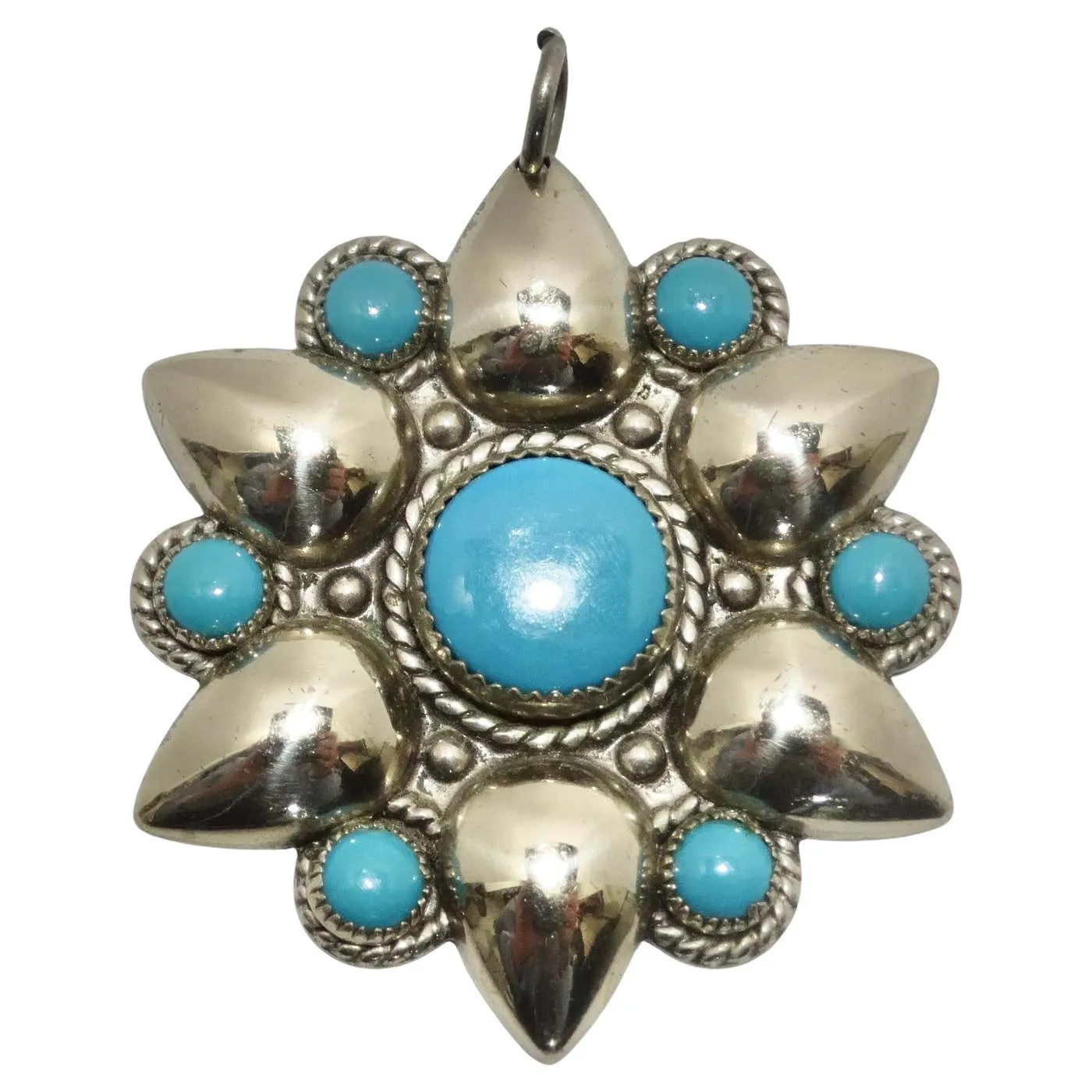 1960s Native American Silver Turquoise Flower Pendent
