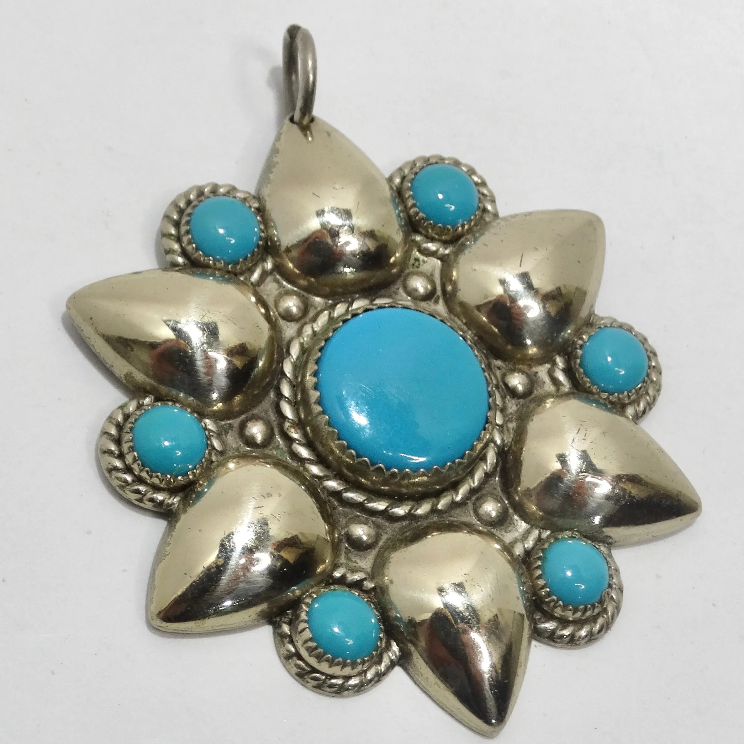 1960s Native American Silver Turquoise Flower Pendent