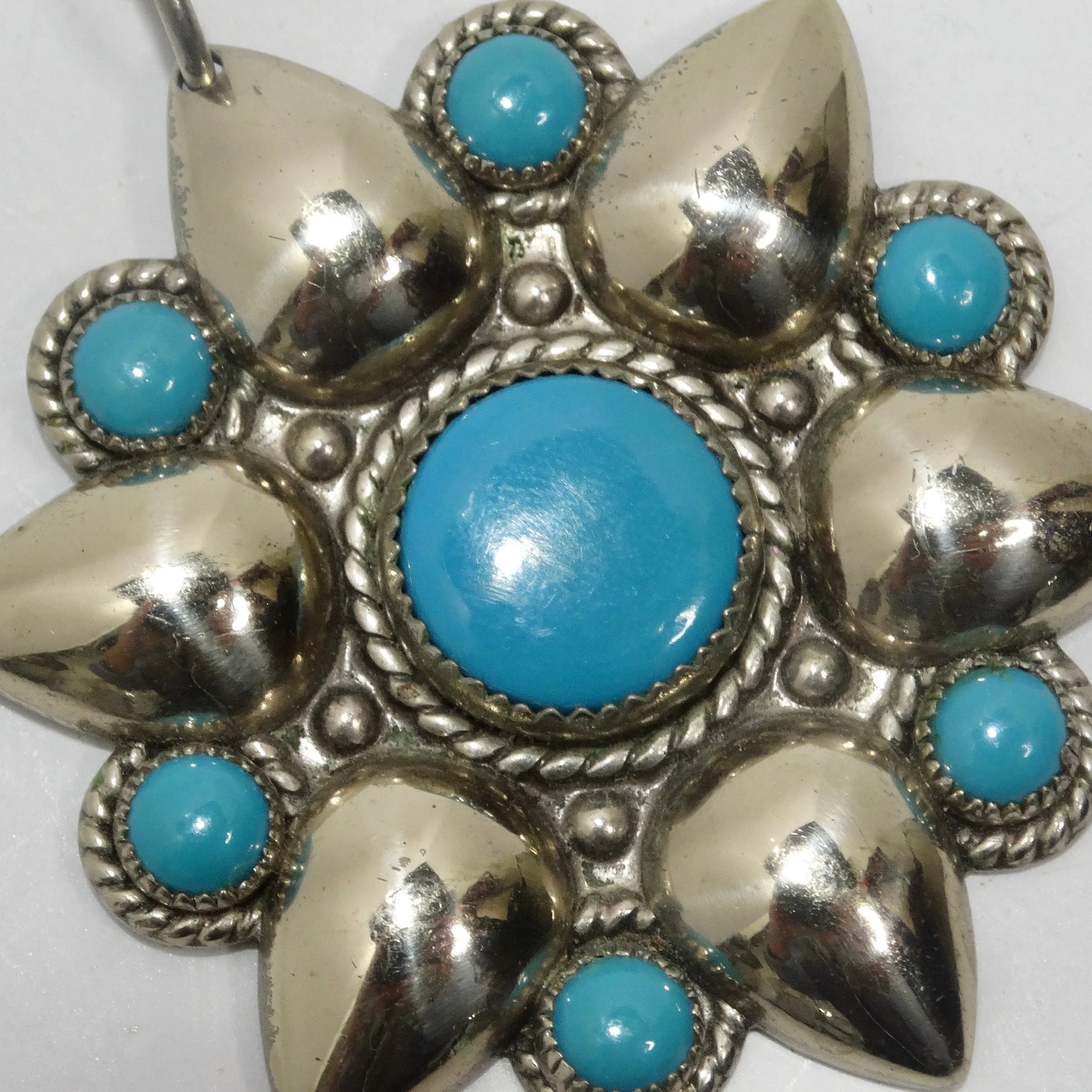 1960s Native American Silver Turquoise Flower Pendent
