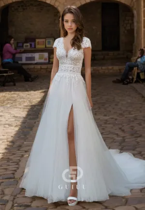 A-Line Tulle  Lace Appliques V-Neck Wedding Dress with Sweep Train
