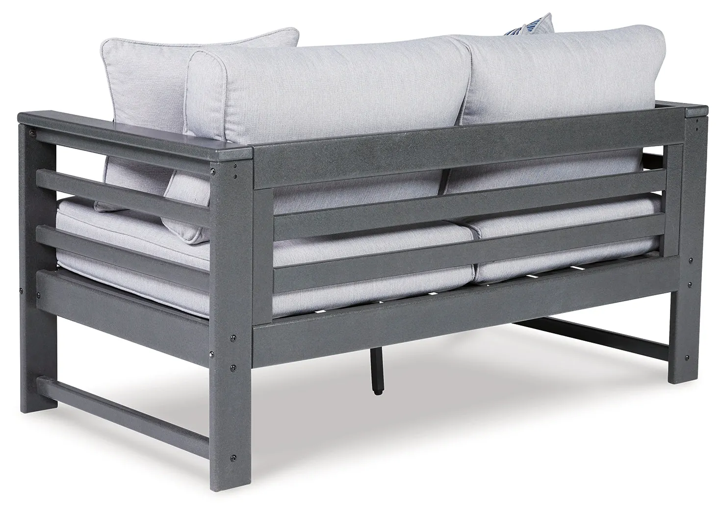 Amora Outdoor Sofa and Loveseat with Coffee Table and 2 End Tables in Charcoal Gray