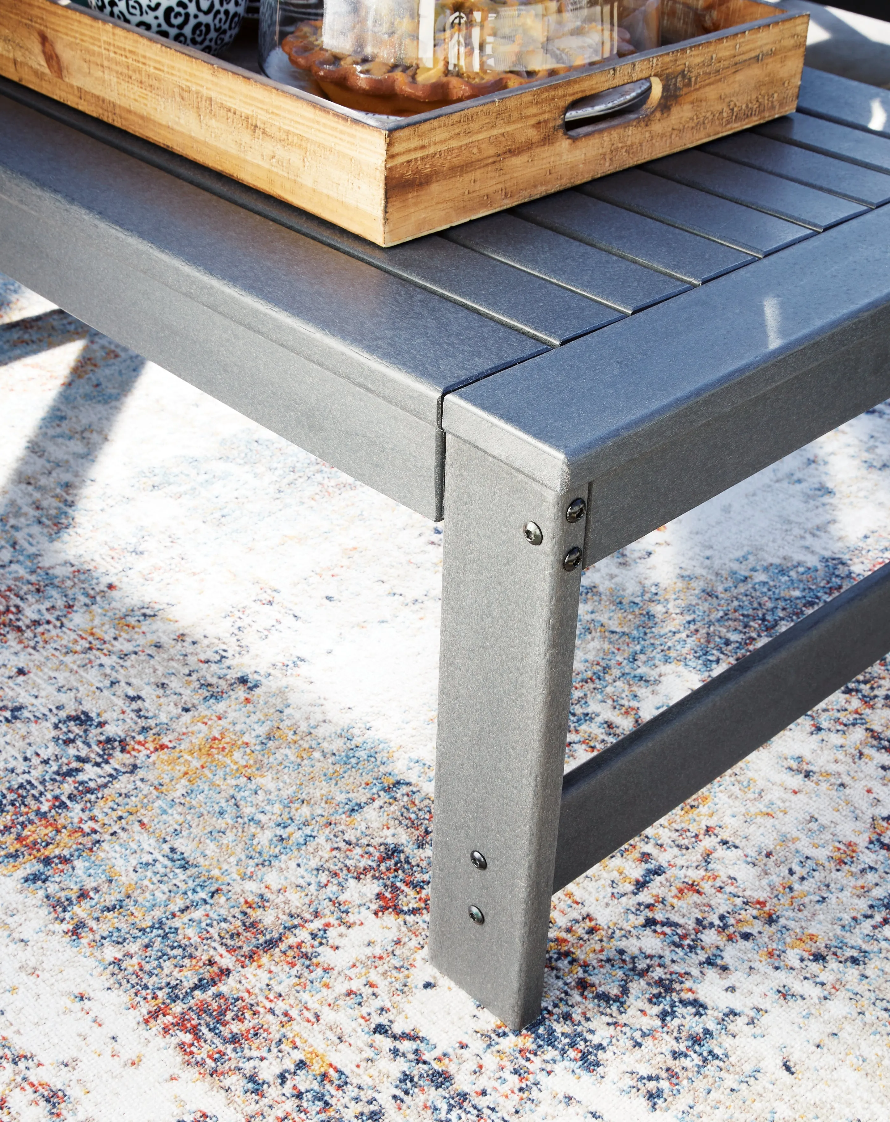 Amora Outdoor Sofa and Loveseat with Coffee Table and 2 End Tables in Charcoal Gray