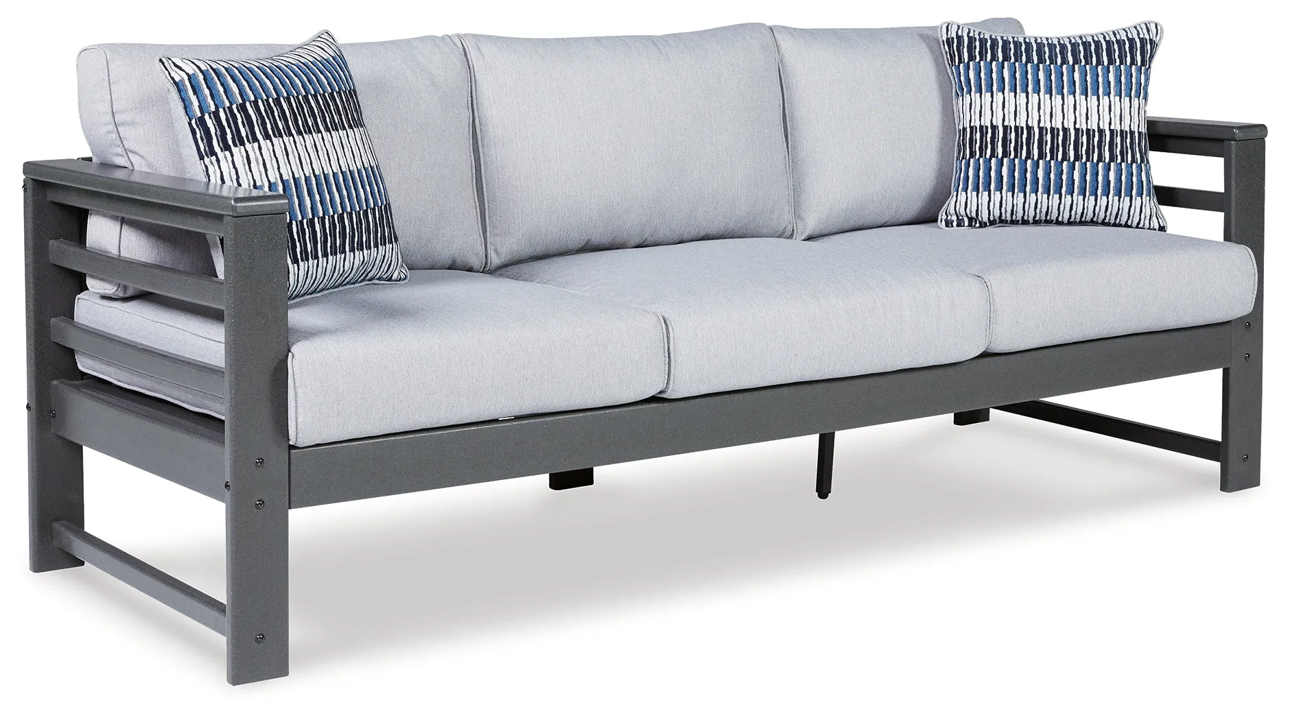 Amora Outdoor Sofa and Loveseat with Coffee Table and 2 End Tables in Charcoal Gray