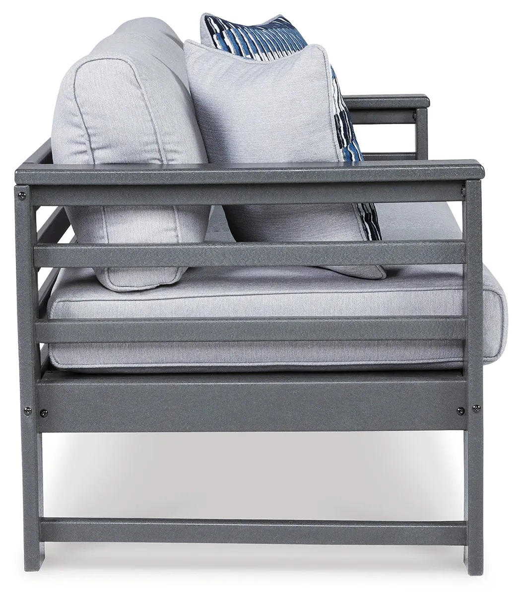 Amora Outdoor Sofa and Loveseat with Coffee Table and 2 End Tables in Charcoal Gray