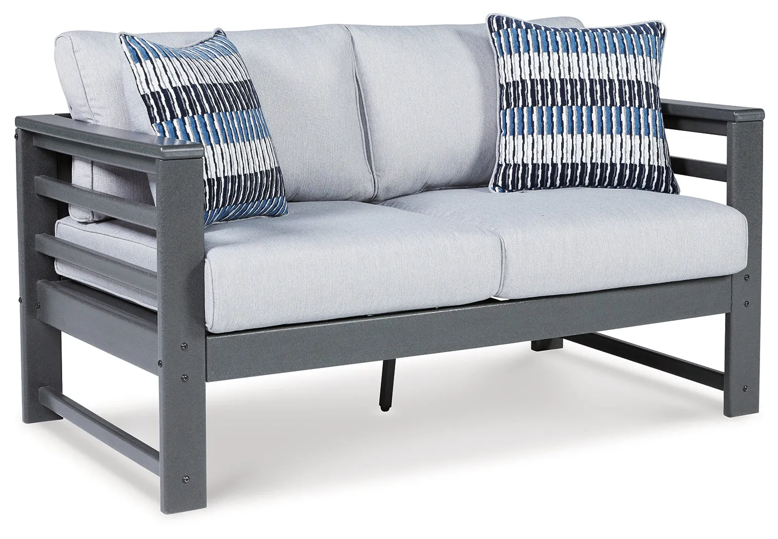 Amora Outdoor Sofa and Loveseat with Coffee Table and 2 End Tables in Charcoal Gray