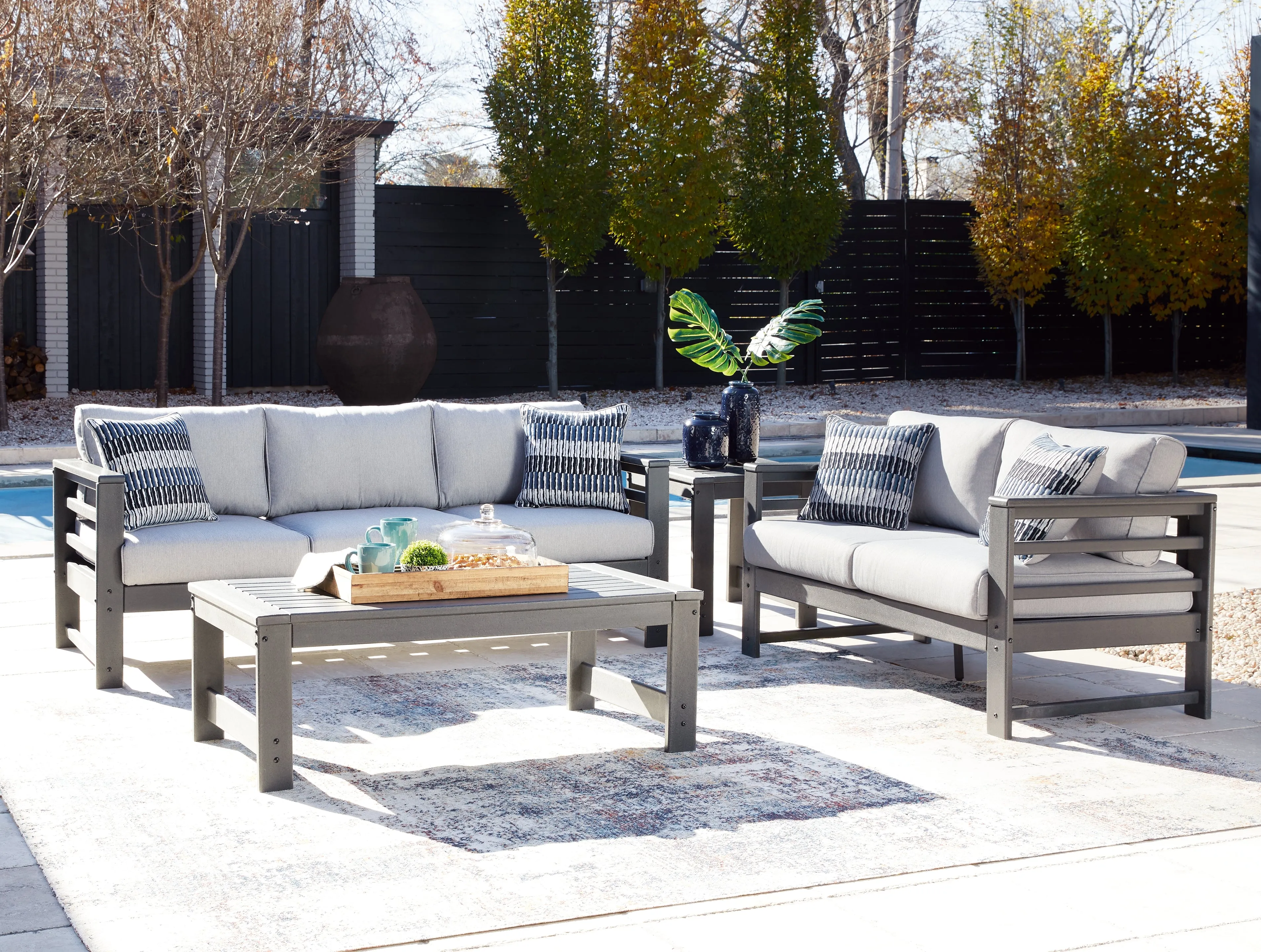 Amora Outdoor Sofa and Loveseat with Coffee Table and 2 End Tables in Charcoal Gray