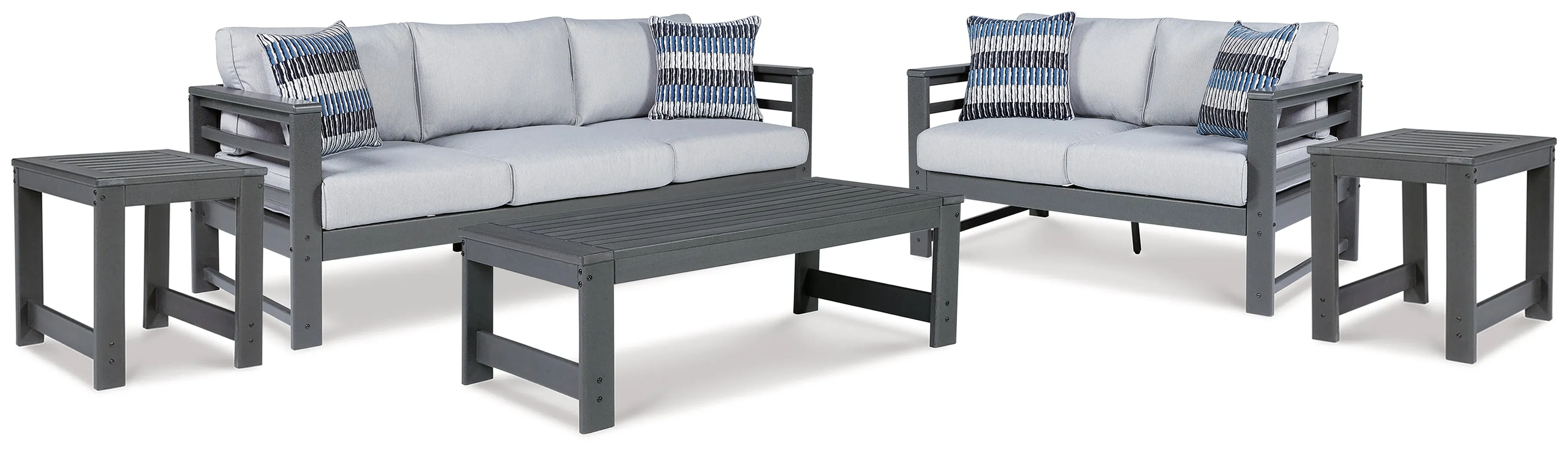 Amora Outdoor Sofa and Loveseat with Coffee Table and 2 End Tables in Charcoal Gray