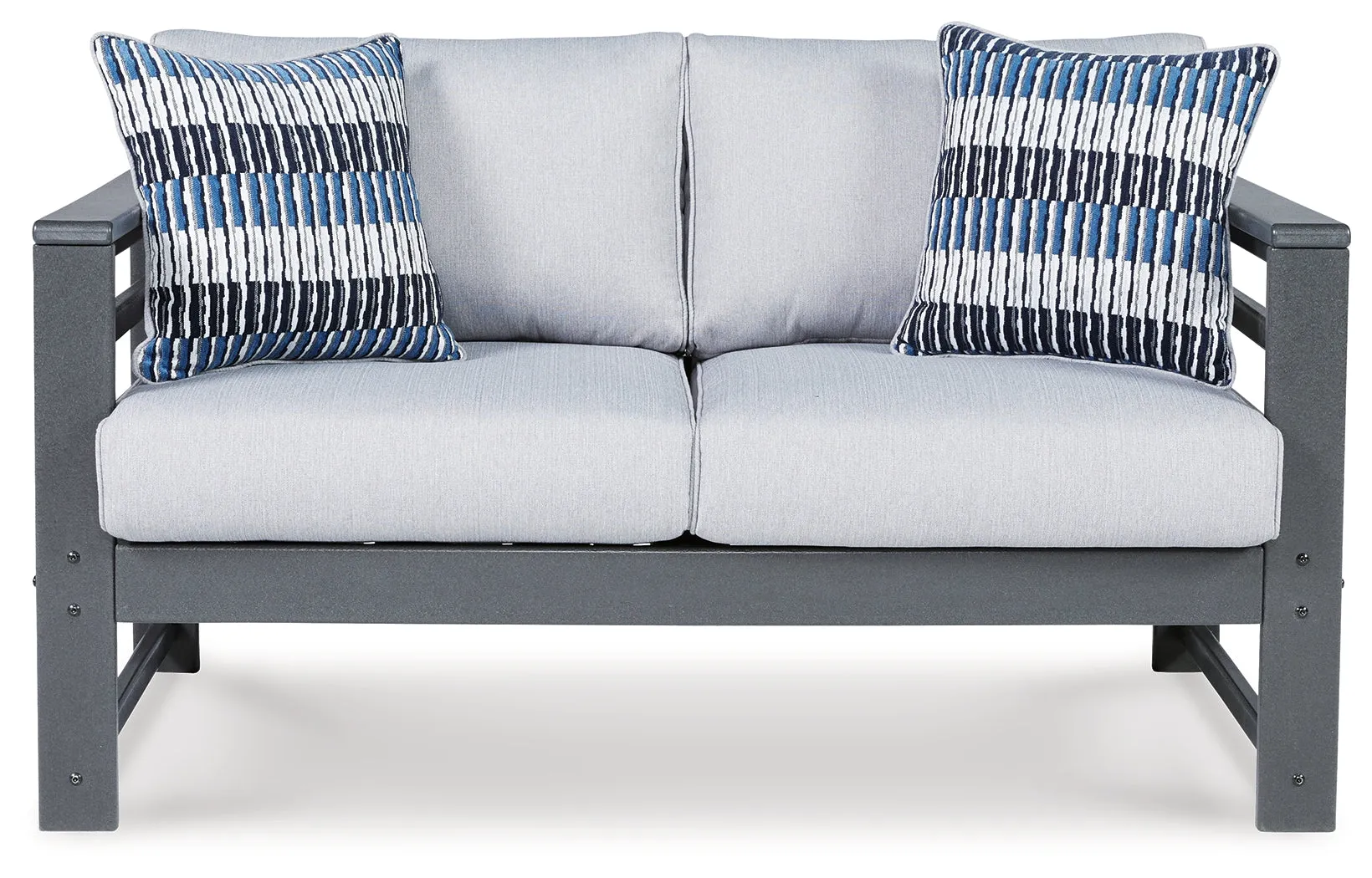 Amora Outdoor Sofa and Loveseat with Coffee Table and 2 End Tables in Charcoal Gray