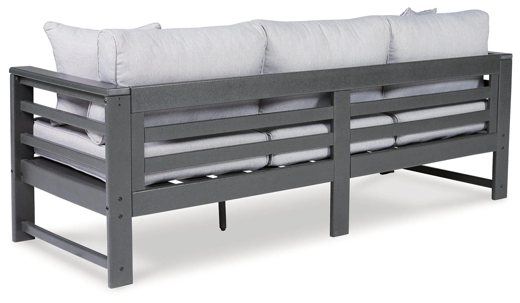 Amora Outdoor Sofa and Loveseat with Coffee Table and 2 End Tables in Charcoal Gray