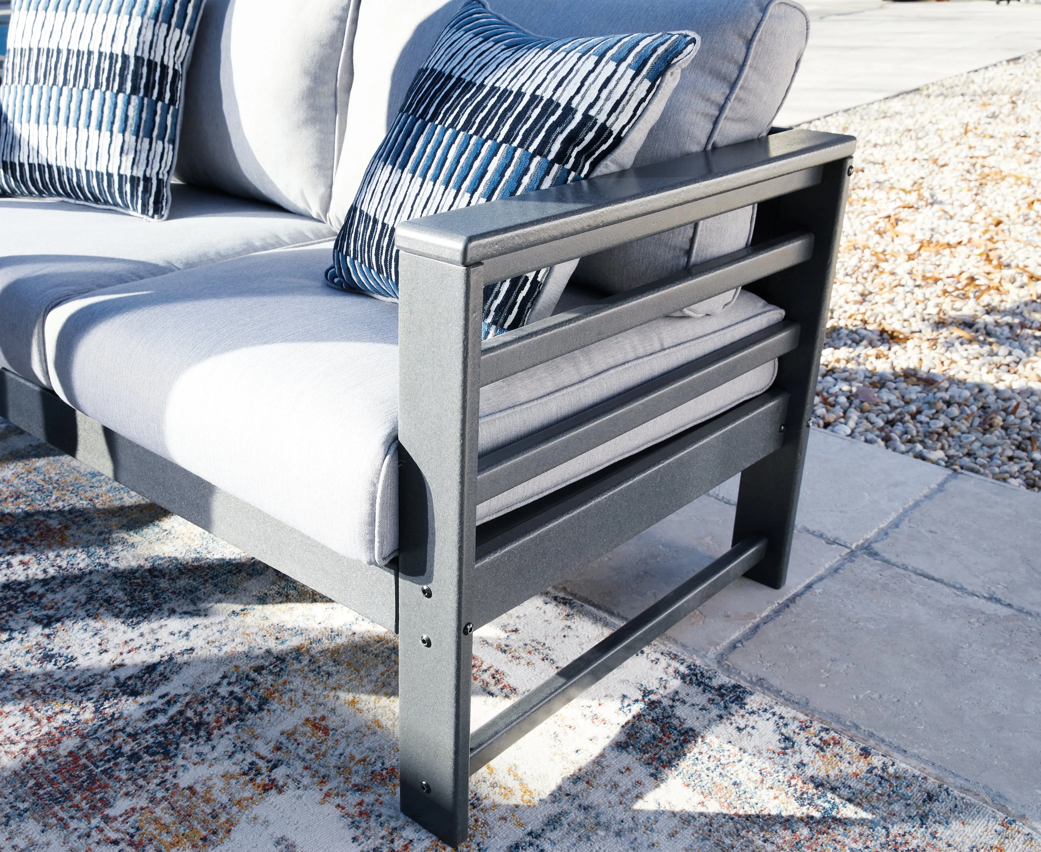 Amora Outdoor Sofa and Loveseat with Coffee Table and 2 End Tables in Charcoal Gray