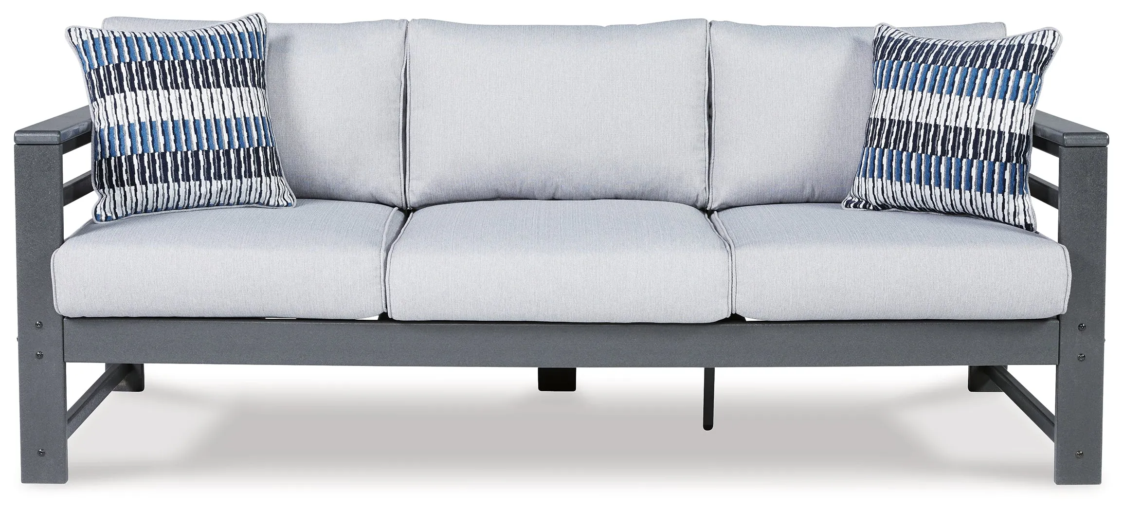 Amora Outdoor Sofa and Loveseat with Coffee Table and 2 End Tables in Charcoal Gray