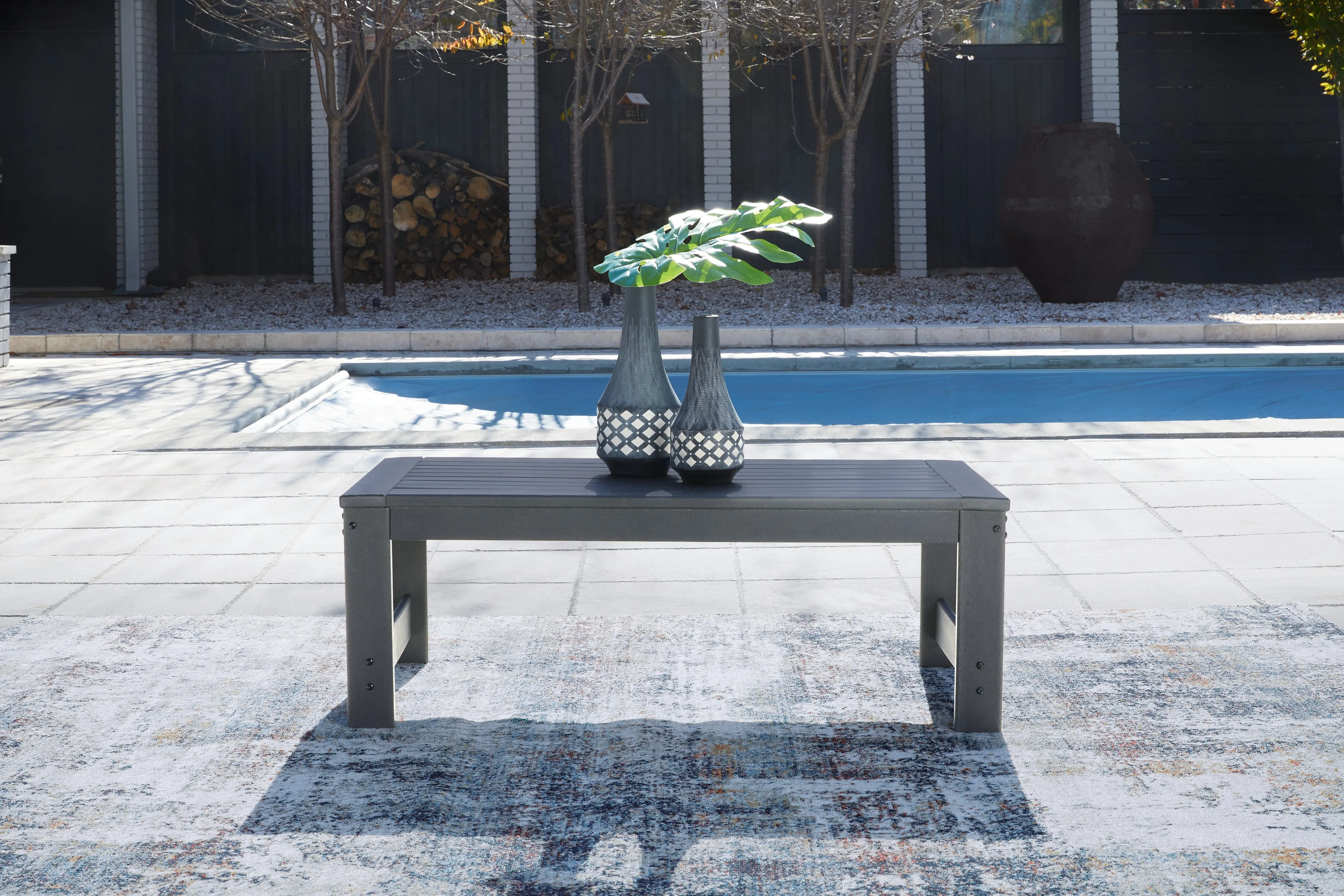 Amora Outdoor Sofa and Loveseat with Coffee Table and 2 End Tables in Charcoal Gray