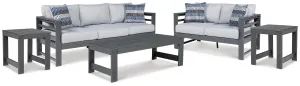 Amora Outdoor Sofa and Loveseat with Coffee Table and 2 End Tables in Charcoal Gray