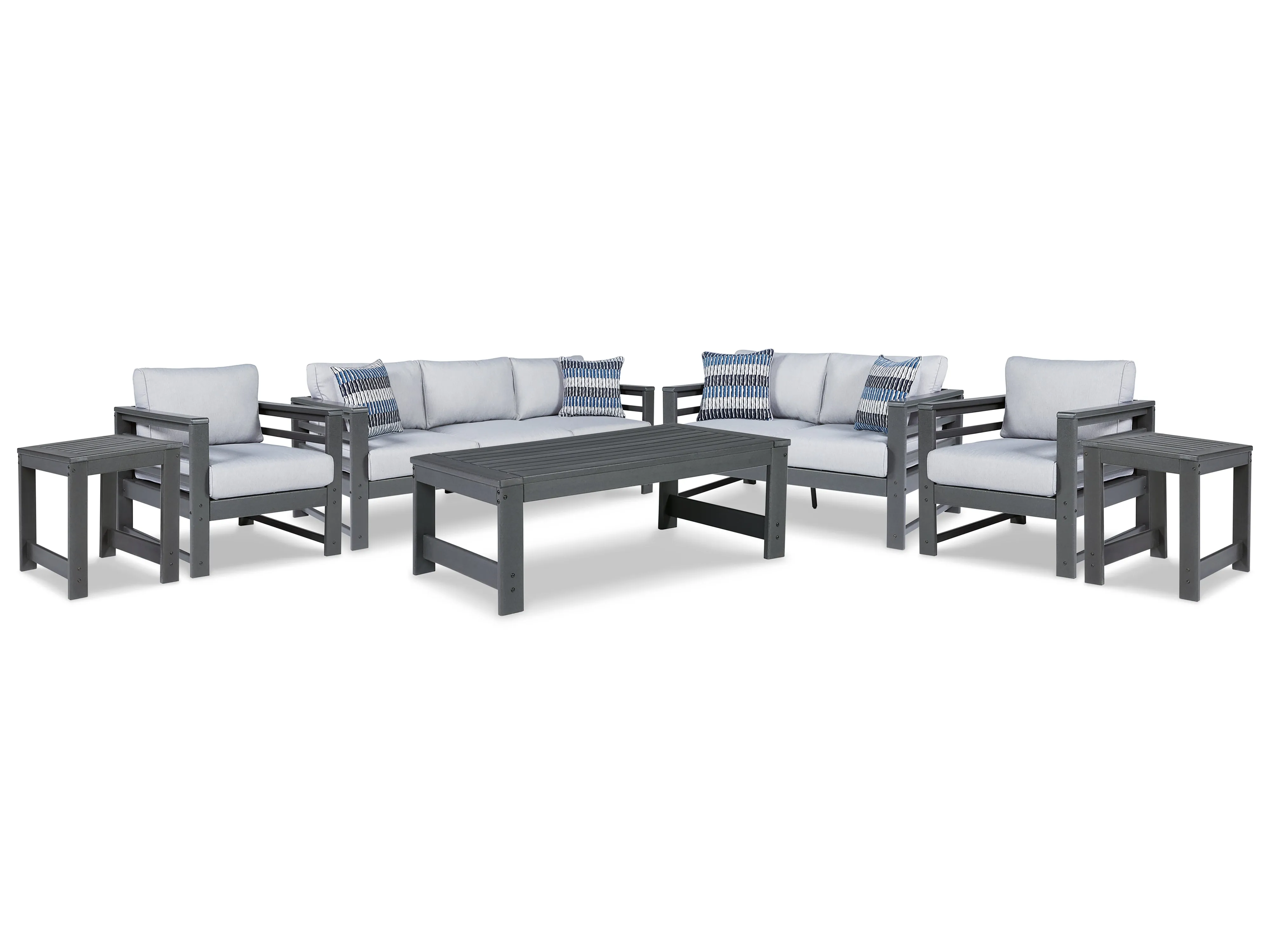Amora Outdoor Sofa, Loveseat and 2 Lounge Chairs with Coffee Table and 2 End Tables in Charcoal Gray