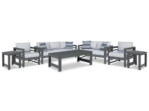 Amora Outdoor Sofa, Loveseat and 2 Lounge Chairs with Coffee Table and 2 End Tables in Charcoal Gray