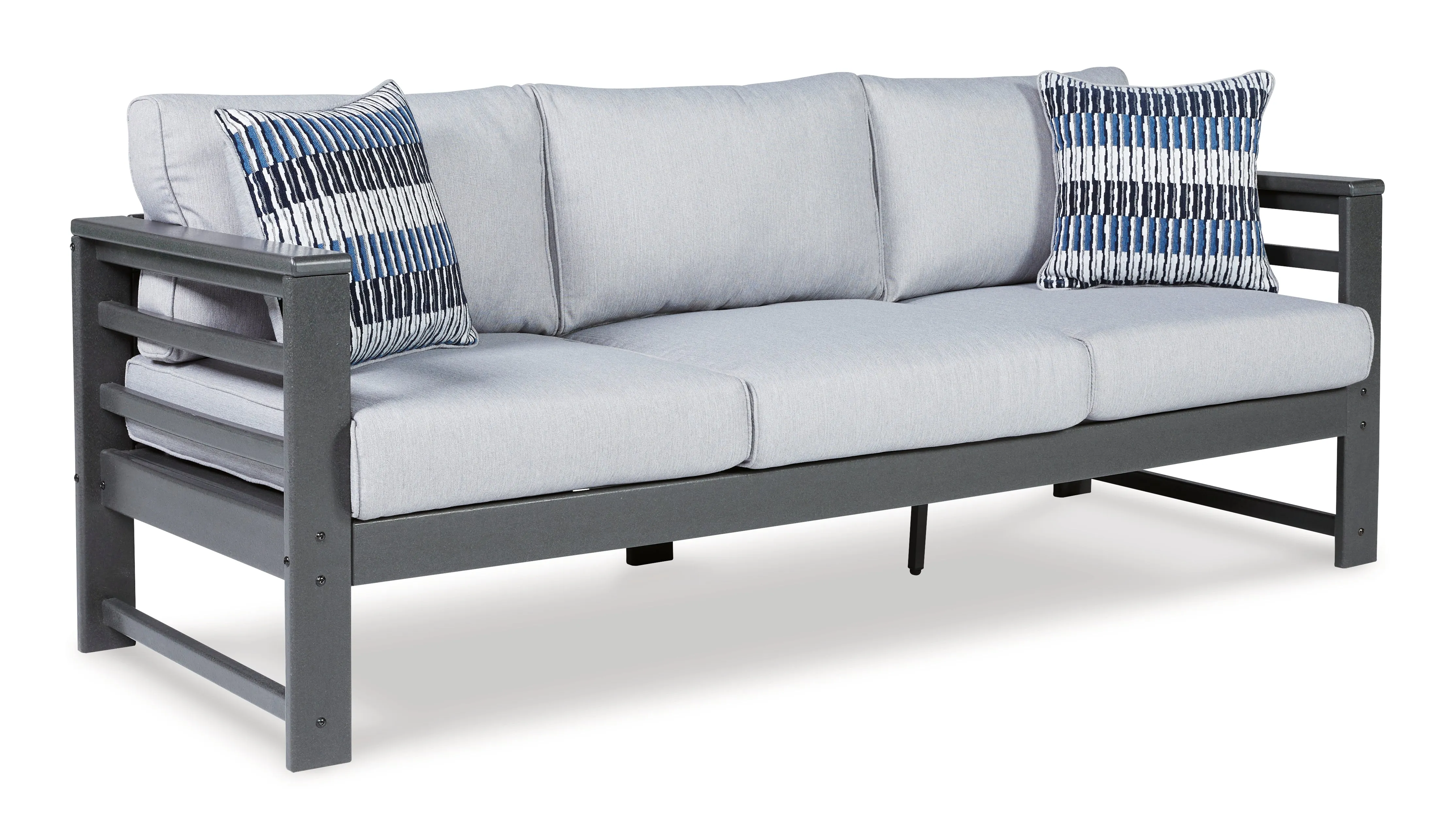 Amora Outdoor Sofa, Loveseat and 2 Lounge Chairs with Coffee Table and 2 End Tables in Charcoal Gray
