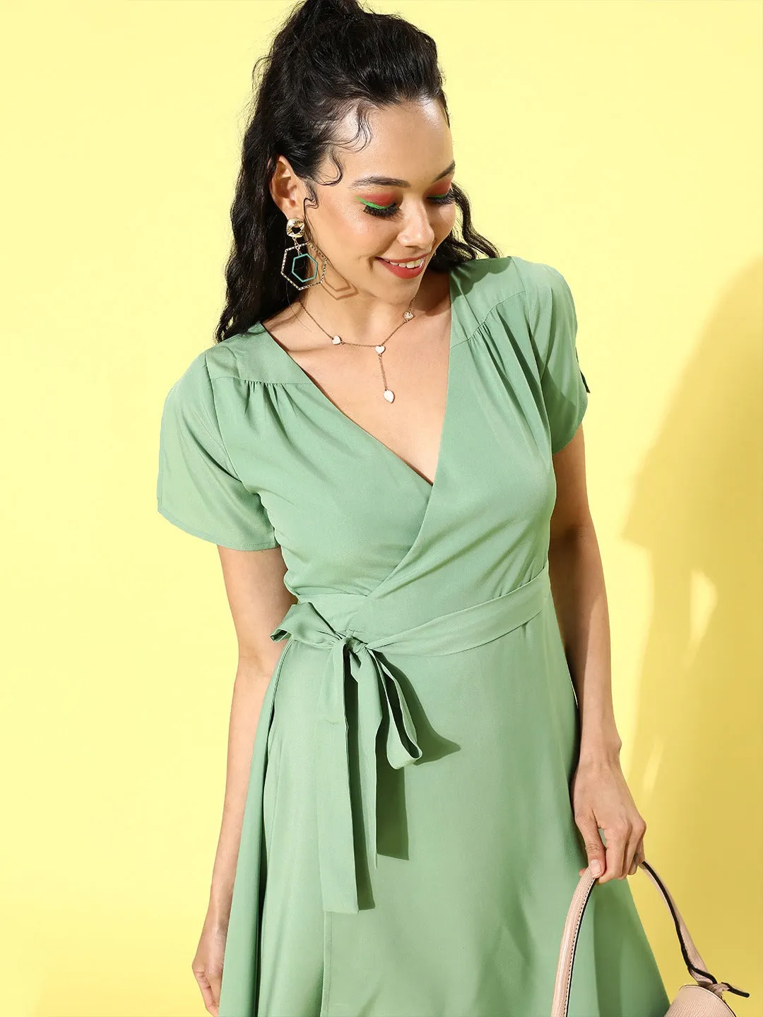 Berrylush Women Solid Mint Green V-Neck Short Slit Sleeve Wrap Midi Dress