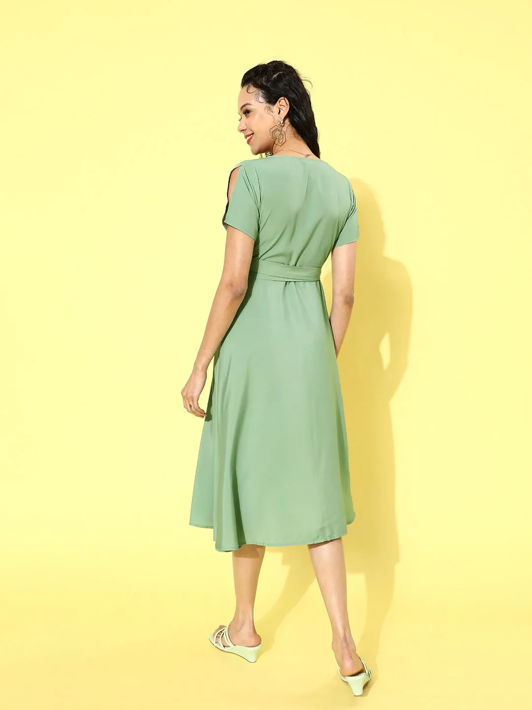 Berrylush Women Solid Mint Green V-Neck Short Slit Sleeve Wrap Midi Dress