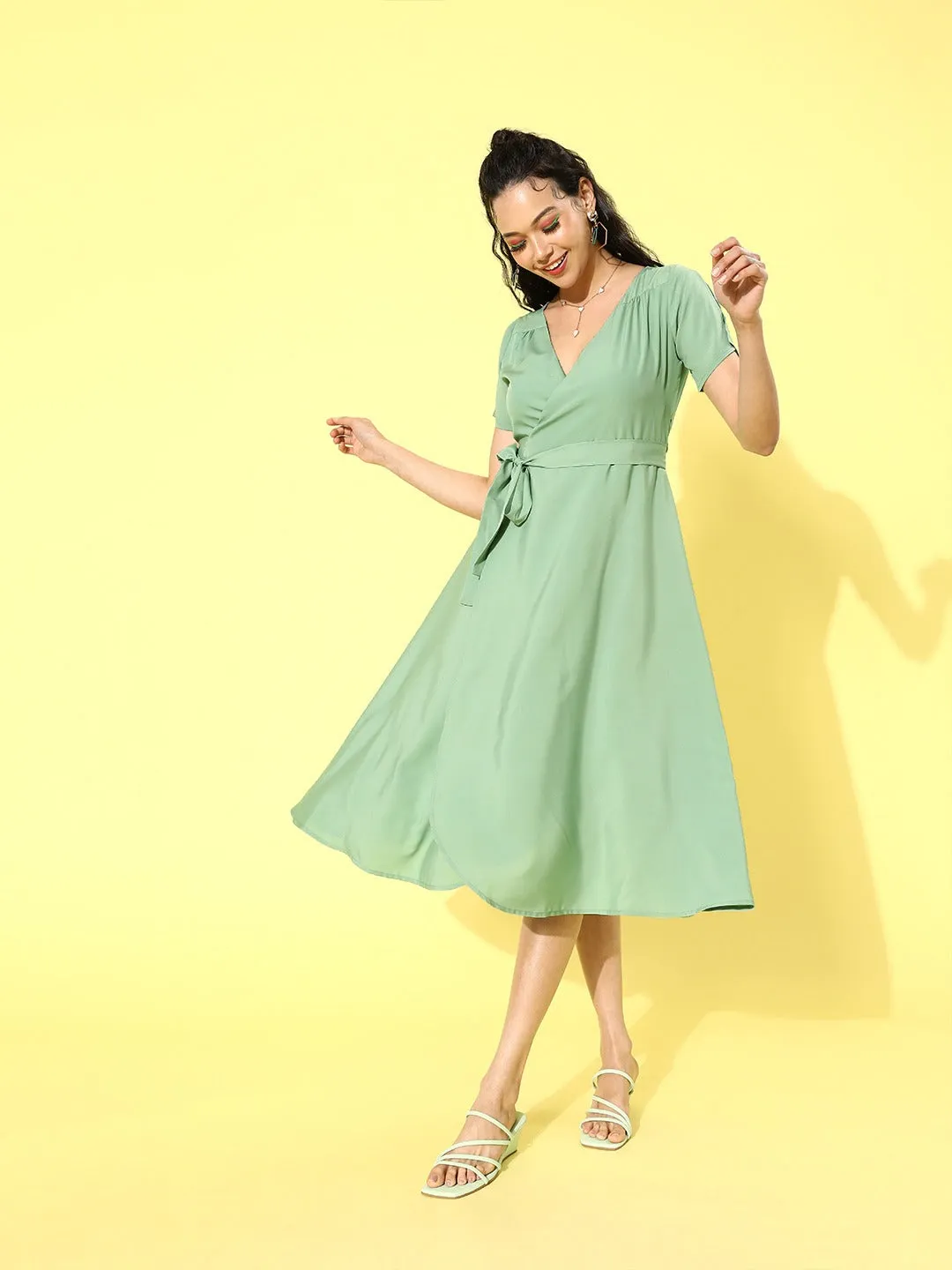 Berrylush Women Solid Mint Green V-Neck Short Slit Sleeve Wrap Midi Dress