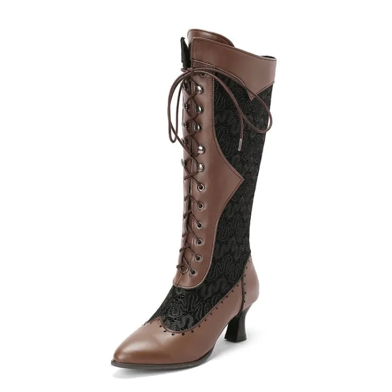 Brown and Black Victorian Style Steampunk Lace Pointed Toe Boots