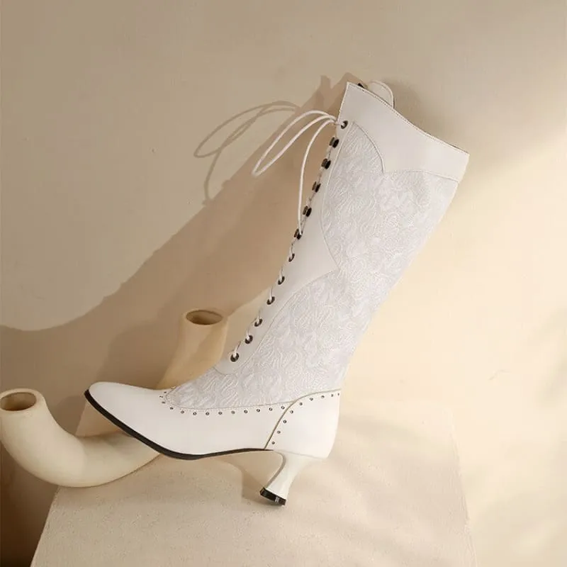 Brown and Black Victorian Style Steampunk Lace Pointed Toe Boots