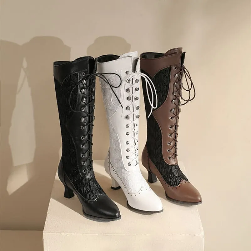Brown and Black Victorian Style Steampunk Lace Pointed Toe Boots