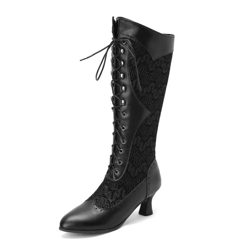 Brown and Black Victorian Style Steampunk Lace Pointed Toe Boots