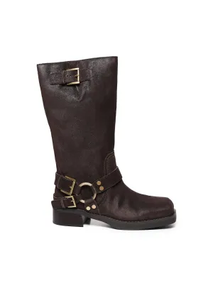 Brown Flat Leather Boots with Buckles