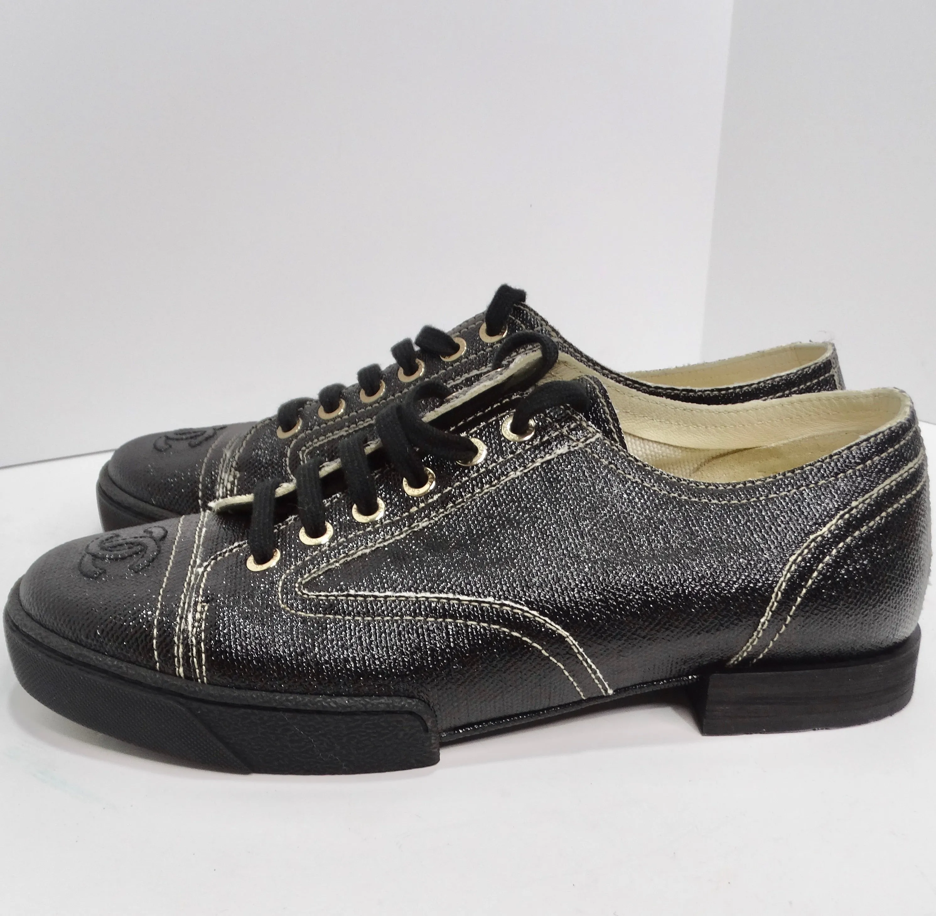 Chanel Black Coated Toile Lace Up Sneakers