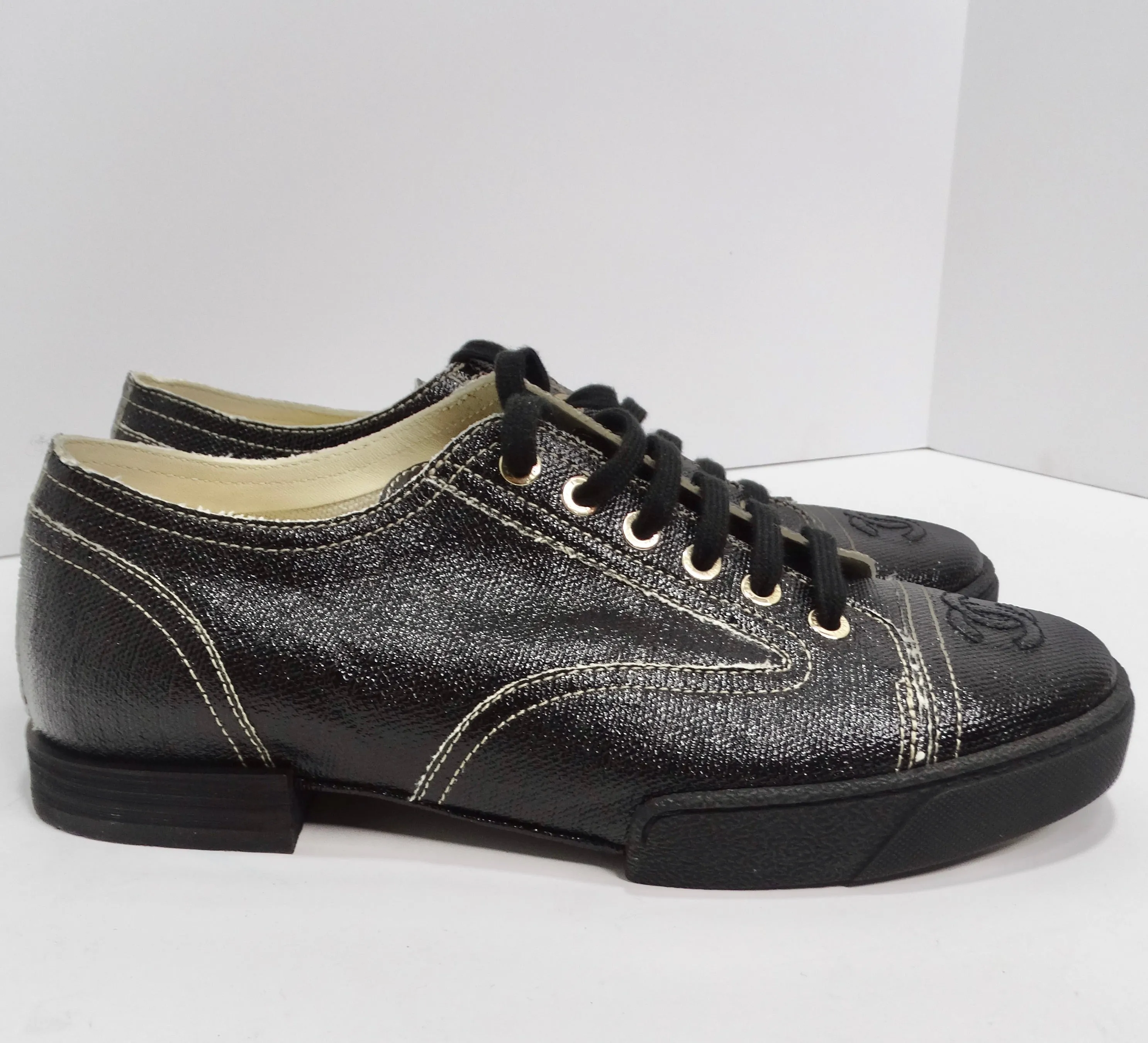 Chanel Black Coated Toile Lace Up Sneakers