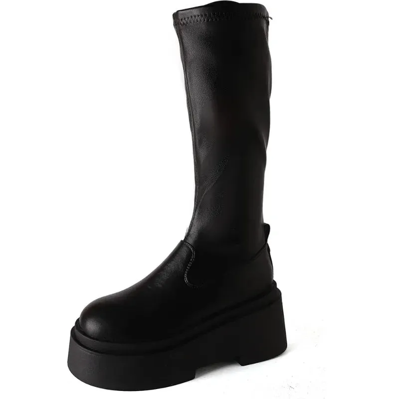 Chunky Women Knee High Boots Fashion Slip On Knight Long Booties Platform Flats Autumn Winter Shoes