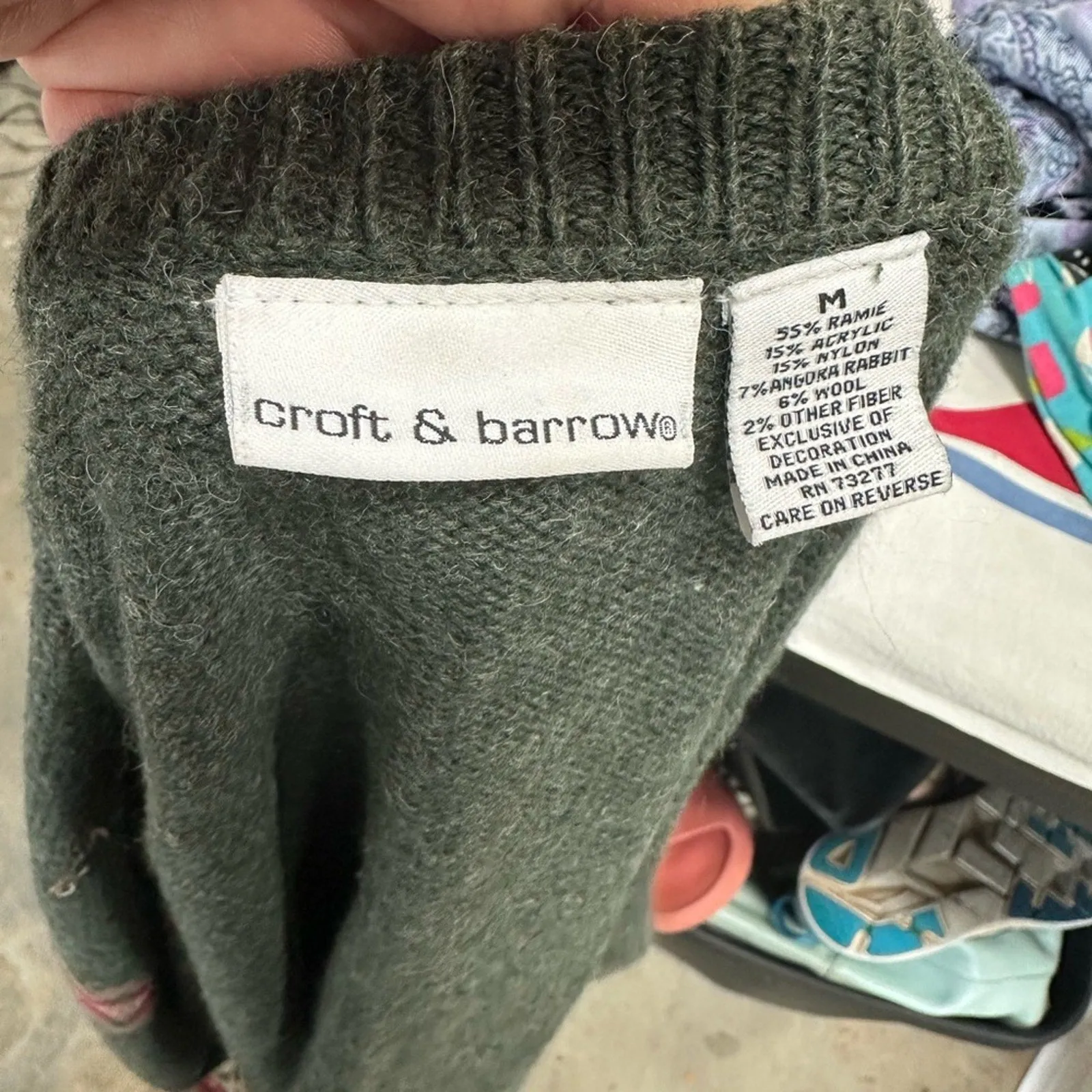Croft & Barrow Green and Red Zip Up Sweater with Rustic Patterns