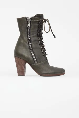 Khaki Green Leather Lace Up Boot