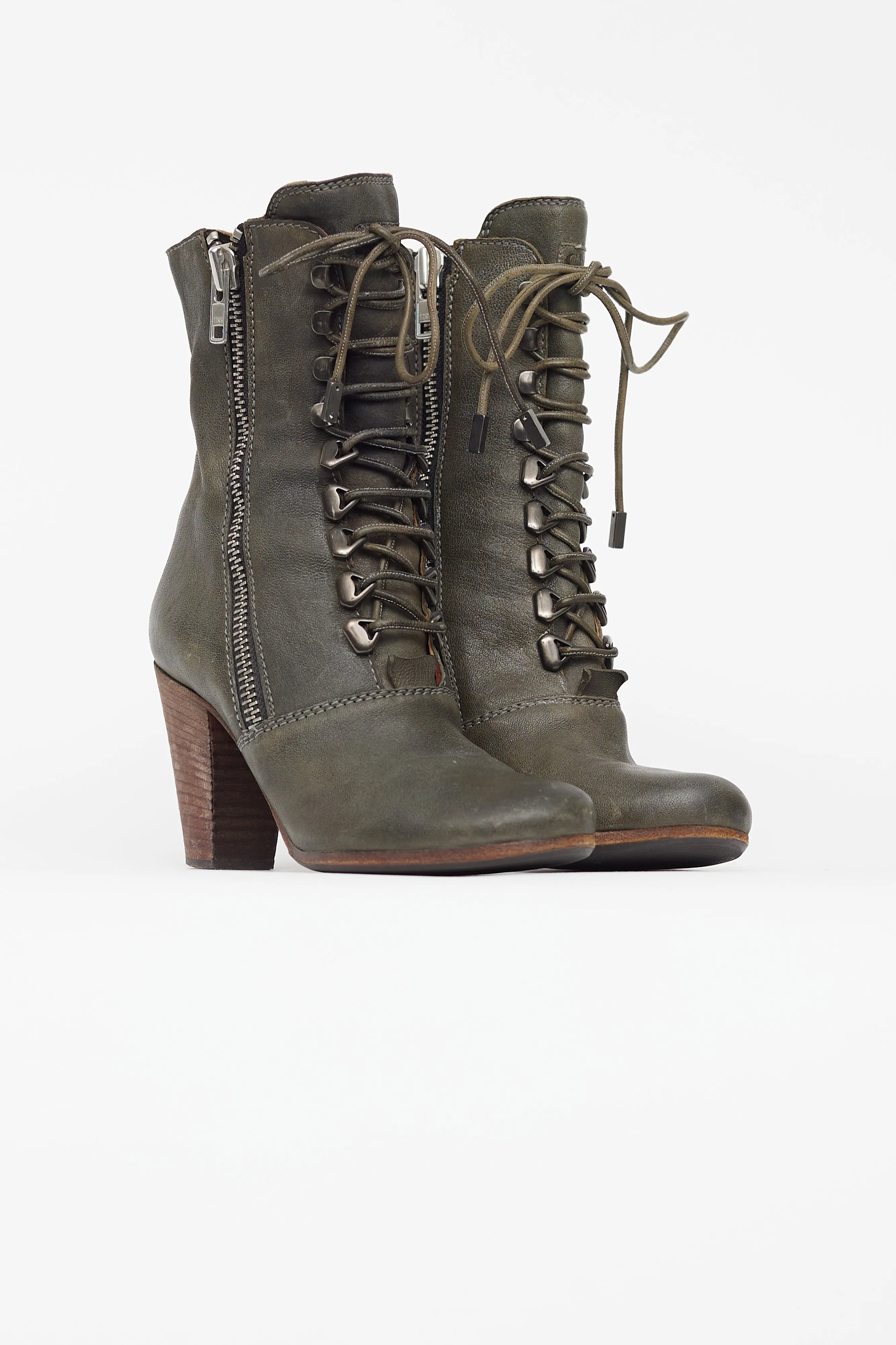 Khaki Green Leather Lace Up Boot