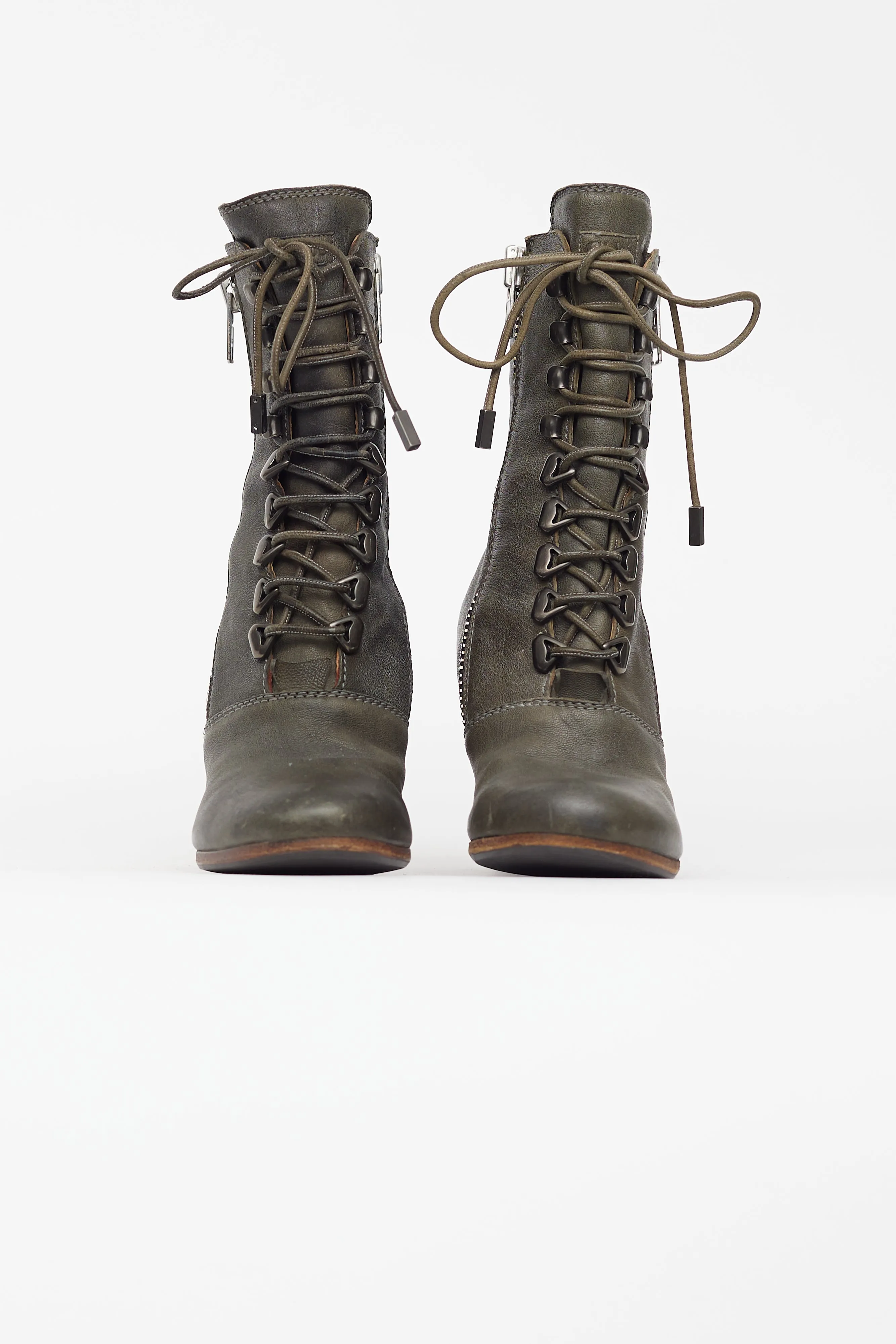Khaki Green Leather Lace Up Boot