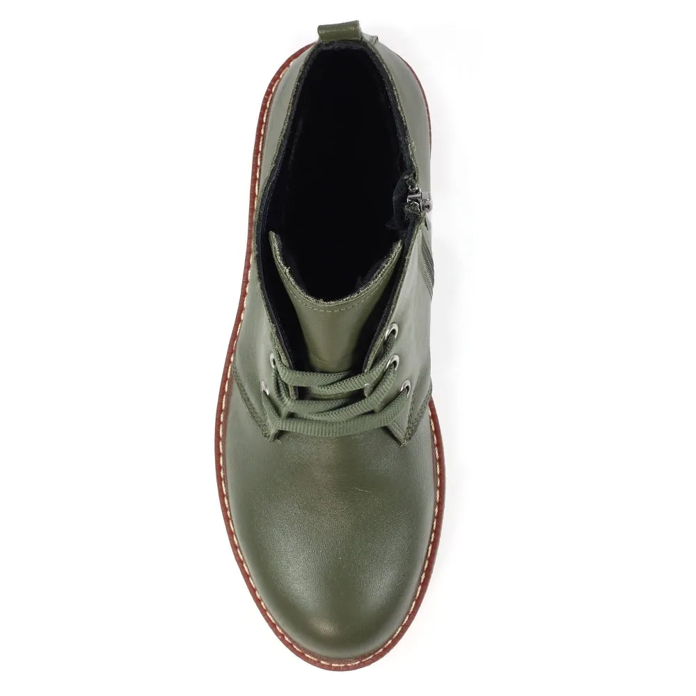 Lunar GLR014 Claire II Ladies Green Leather Zip & Lace Ankle Boots