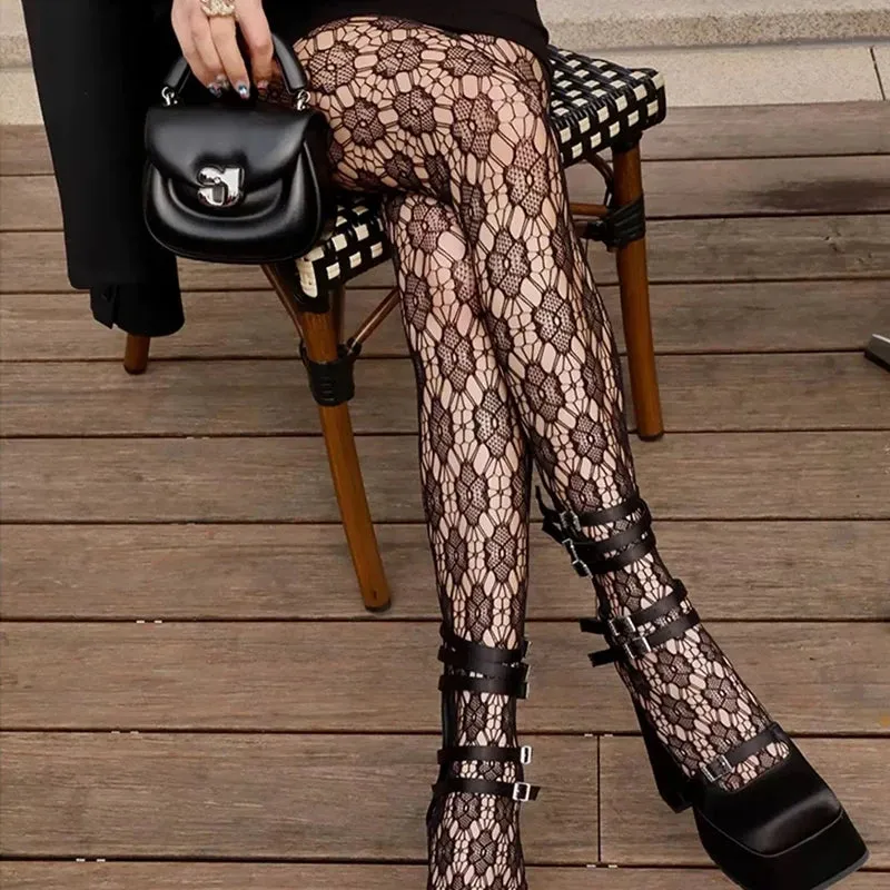Luxury Sakura Floral Embroidered Fishnet Pantyhose