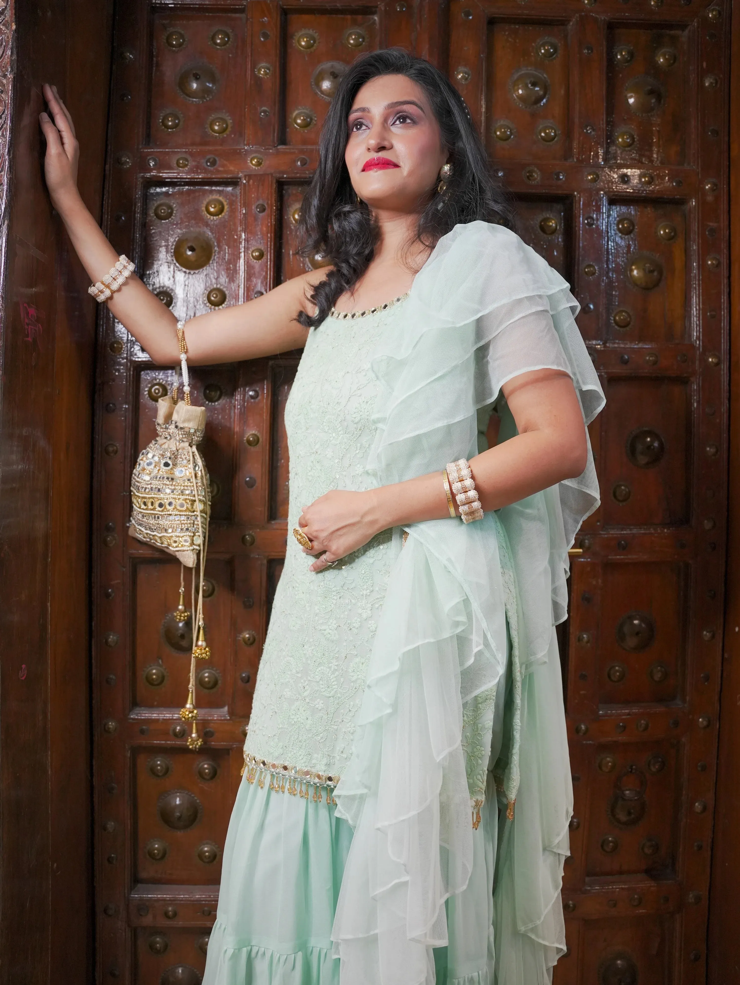 Mint Green Thread and Mirror Work Kurta and Sharara Set