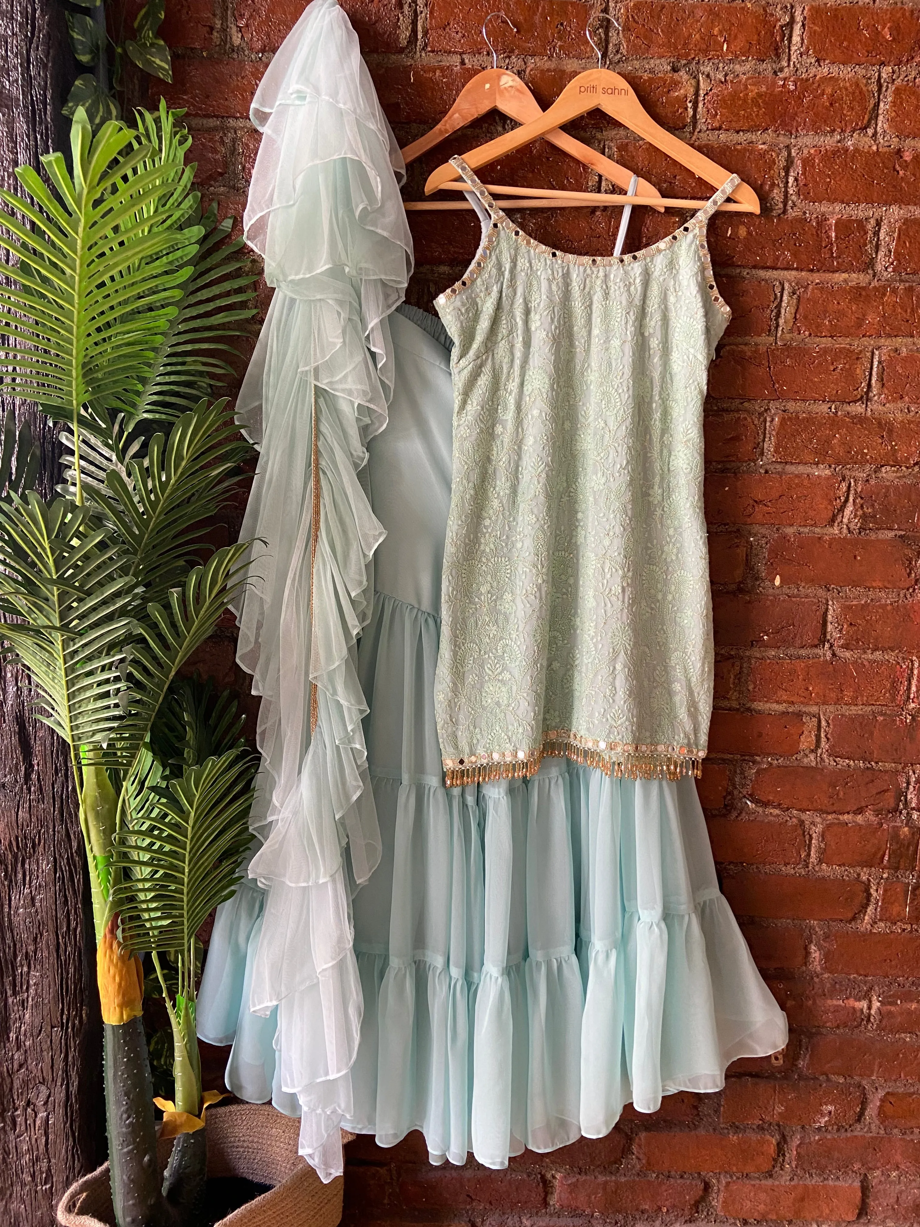 Mint Green Thread and Mirror Work Kurta and Sharara Set