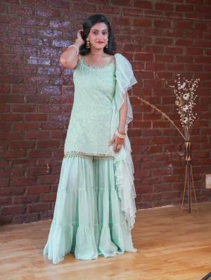 Mint Green Thread and Mirror Work Kurta and Sharara Set