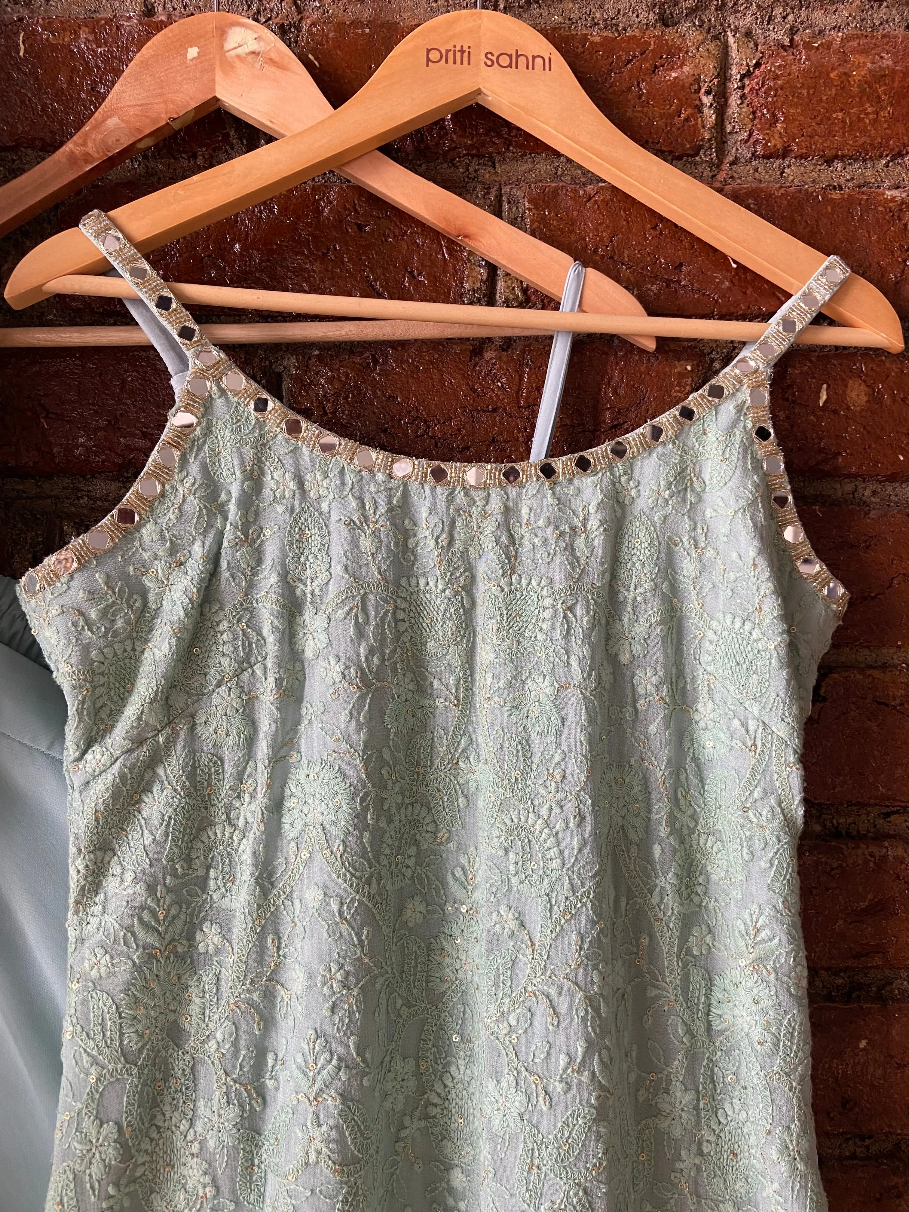 Mint Green Thread and Mirror Work Kurta and Sharara Set