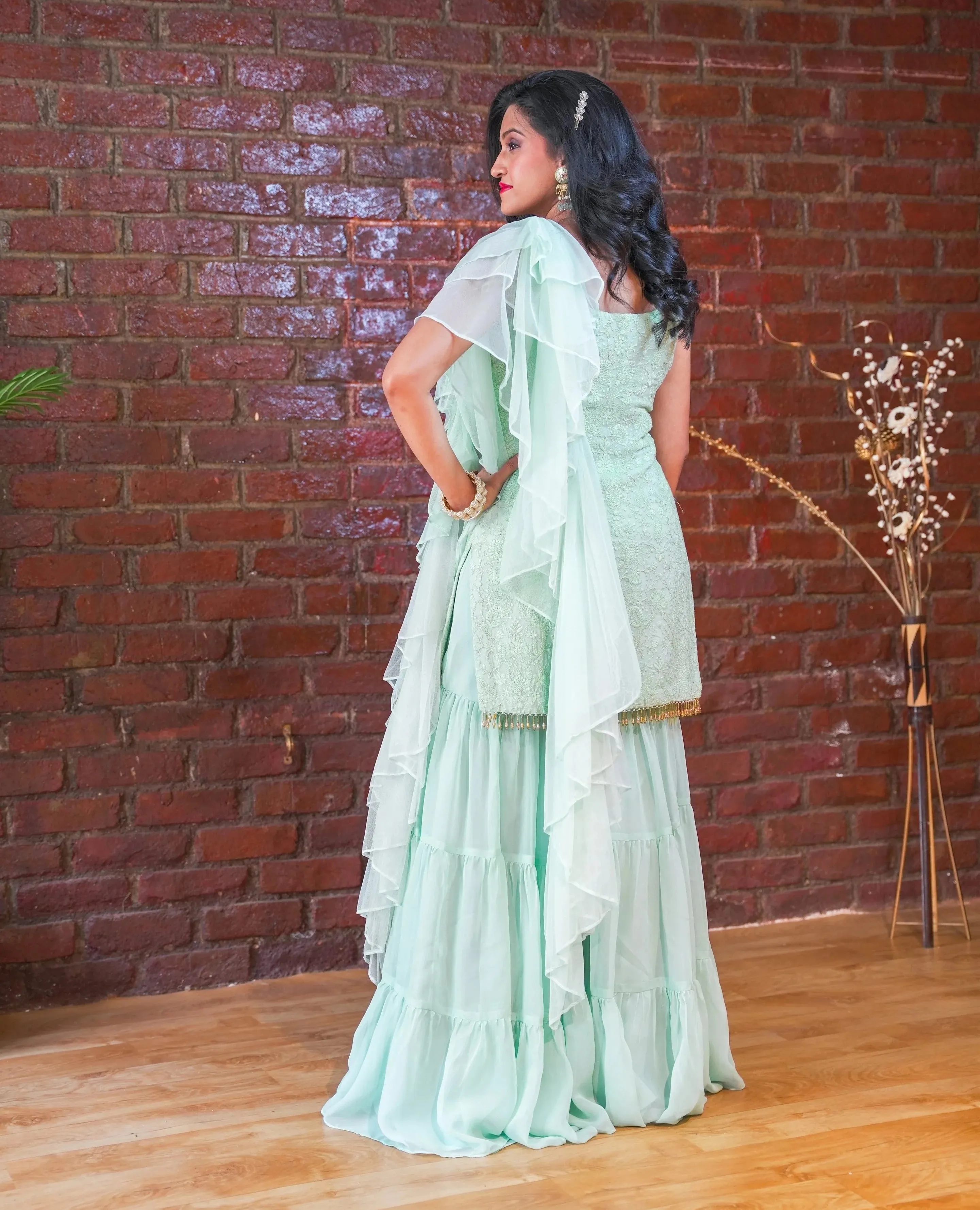 Mint Green Thread and Mirror Work Kurta and Sharara Set