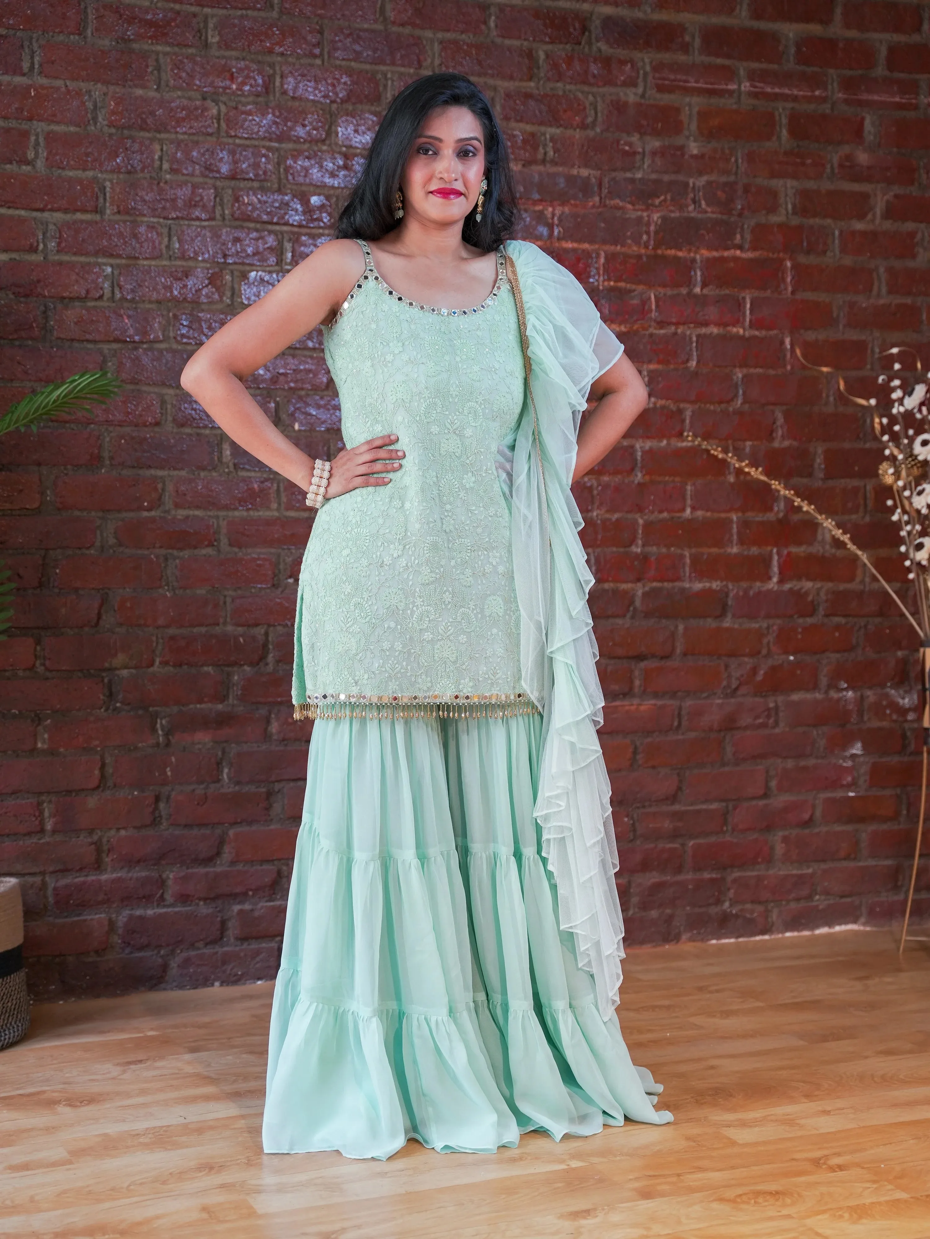 Mint Green Thread and Mirror Work Kurta and Sharara Set