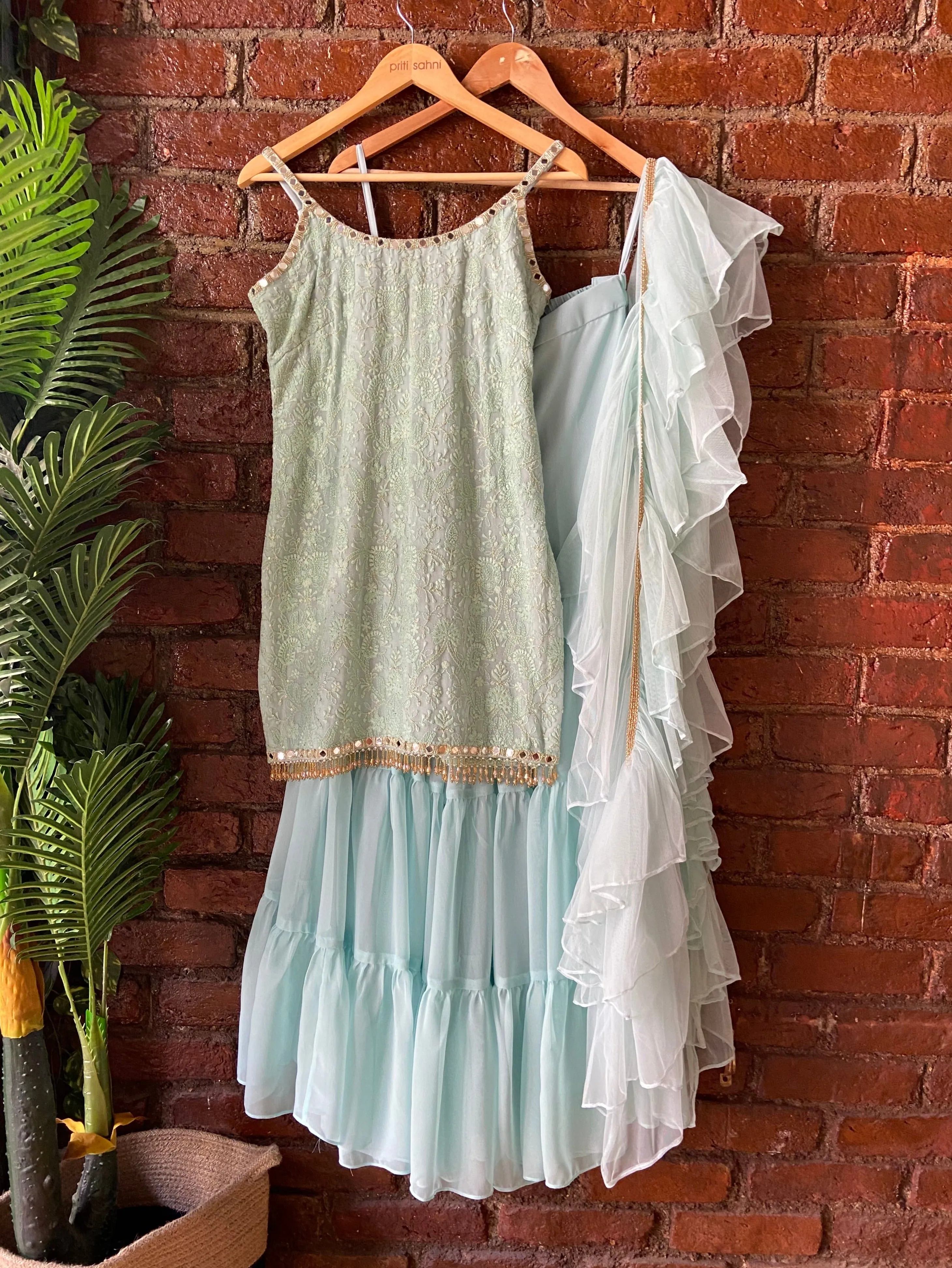 Mint Green Thread and Mirror Work Kurta and Sharara Set
