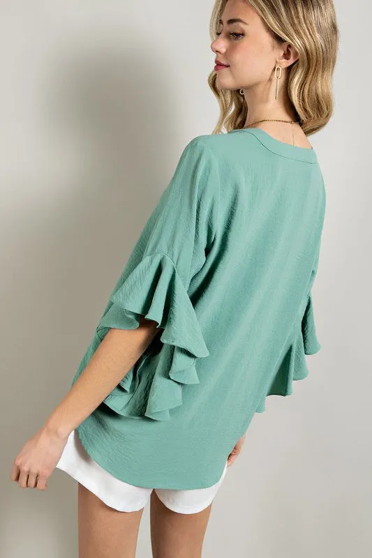 Mint Ruffled Bell Sleeve and Front Pleated Detail Top