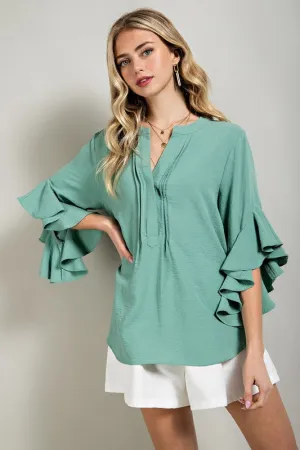 Mint Ruffled Bell Sleeve and Front Pleated Detail Top