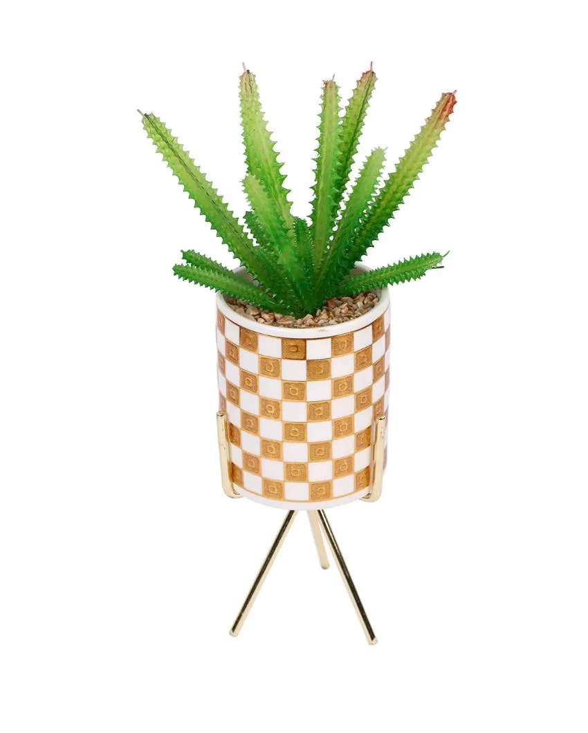 Modern Succulents Artificial Plant with Ceramic Pot & Metal Tripod Stand | 12 inches
