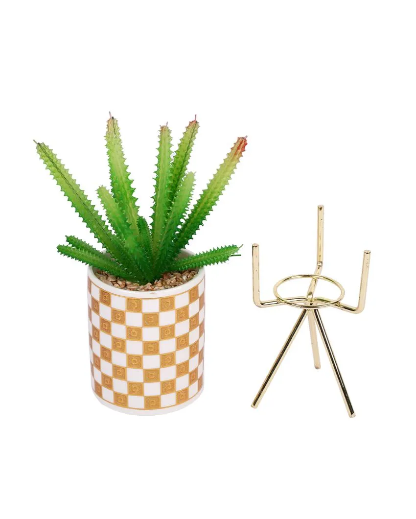 Modern Succulents Artificial Plant with Ceramic Pot & Metal Tripod Stand | 12 inches