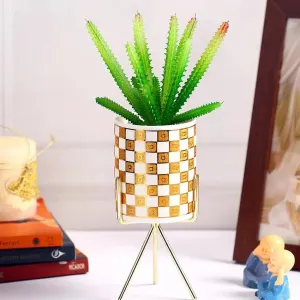 Modern Succulents Artificial Plant with Ceramic Pot & Metal Tripod Stand | 12 inches