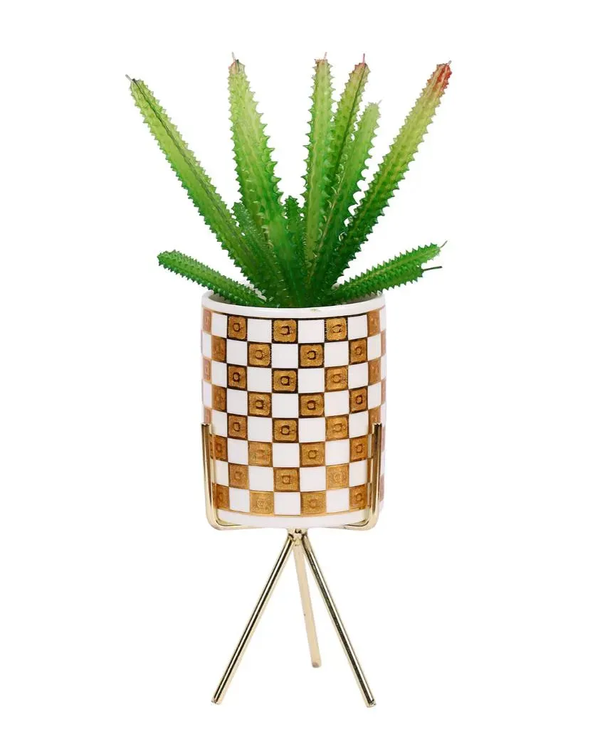 Modern Succulents Artificial Plant with Ceramic Pot & Metal Tripod Stand | 12 inches